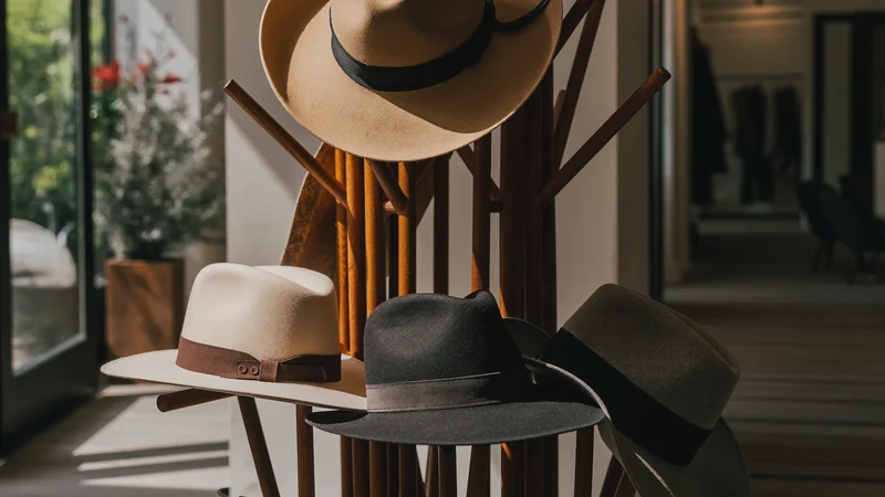 Espositore in legno con cappelli senza marchio in un negozio luminoso