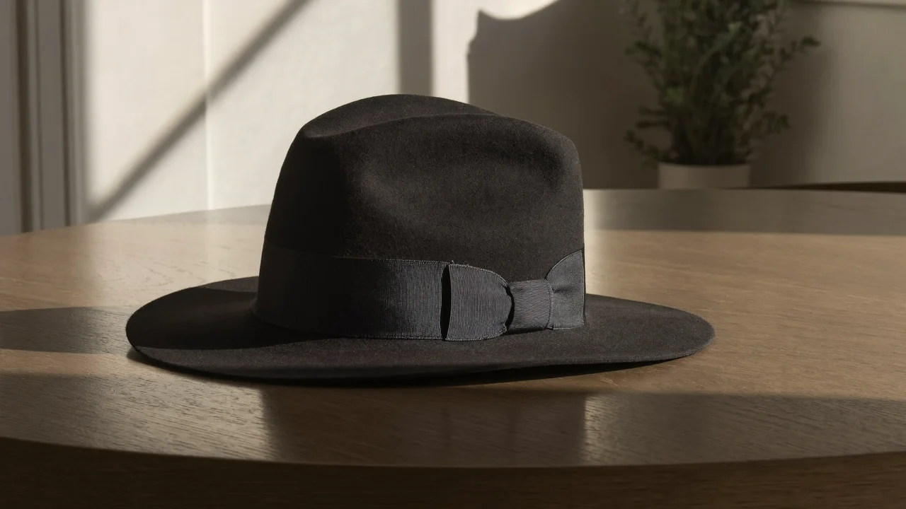 Fedora in feltro antracite con nastro scuro su tavolo in rovere