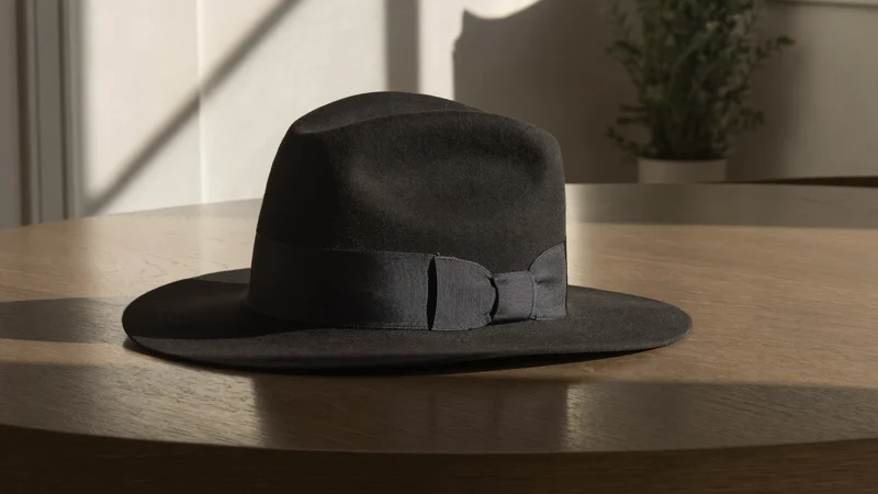 Fedora in feltro antracite con nastro scuro su tavolo in rovere